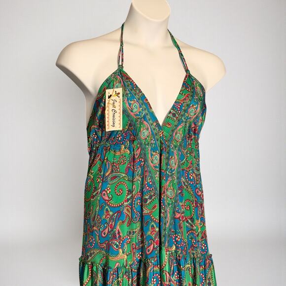 Just Cruising Boho Paisley Halter Maxi Dress Green Pink Tiered Festival One Size - Picture 3 of 6